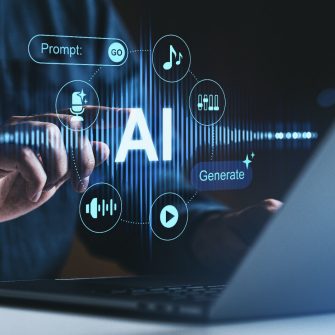 Man interacts with AI interface on laptop