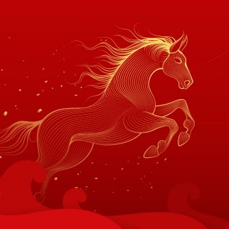 Red and gold horizontal Lunar New Year poster of the Year of the Horse