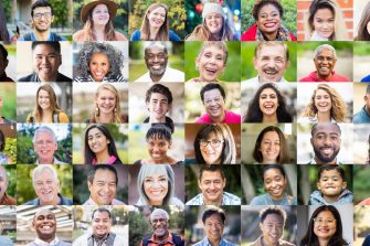 A diverse collection of portraits, all are positive or smiling, laughing (cropped from original)