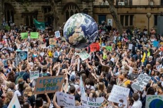 Crowd gathered at a climate change rally in Sydney CBD
