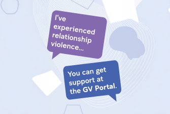 Speech bubbles with text 'I've experienced gendered violence' and 'You can get support at GV Portal'.