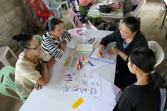 Four people collaborating at a desk