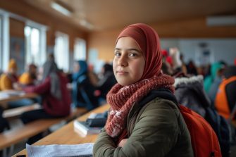 Refugees participating in a skills training program, expressions of concentration and hope, focus on empowerment and future employment, indoor setting with educational materials and tools