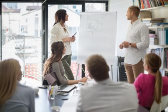 Businesswoman in front flipchart leading meeting