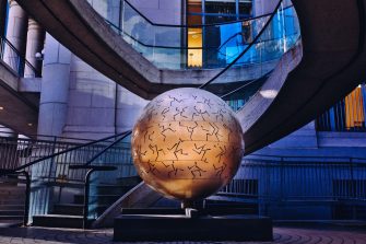 Globe statue inside building