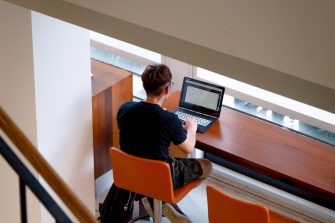 Interior foyer and study spaces of the business school building on the UNSW Kensington campus 