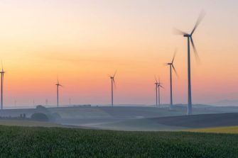 Wind turbines at dusk