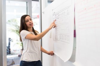 Women doing a presentation and pointing at a whiteboard