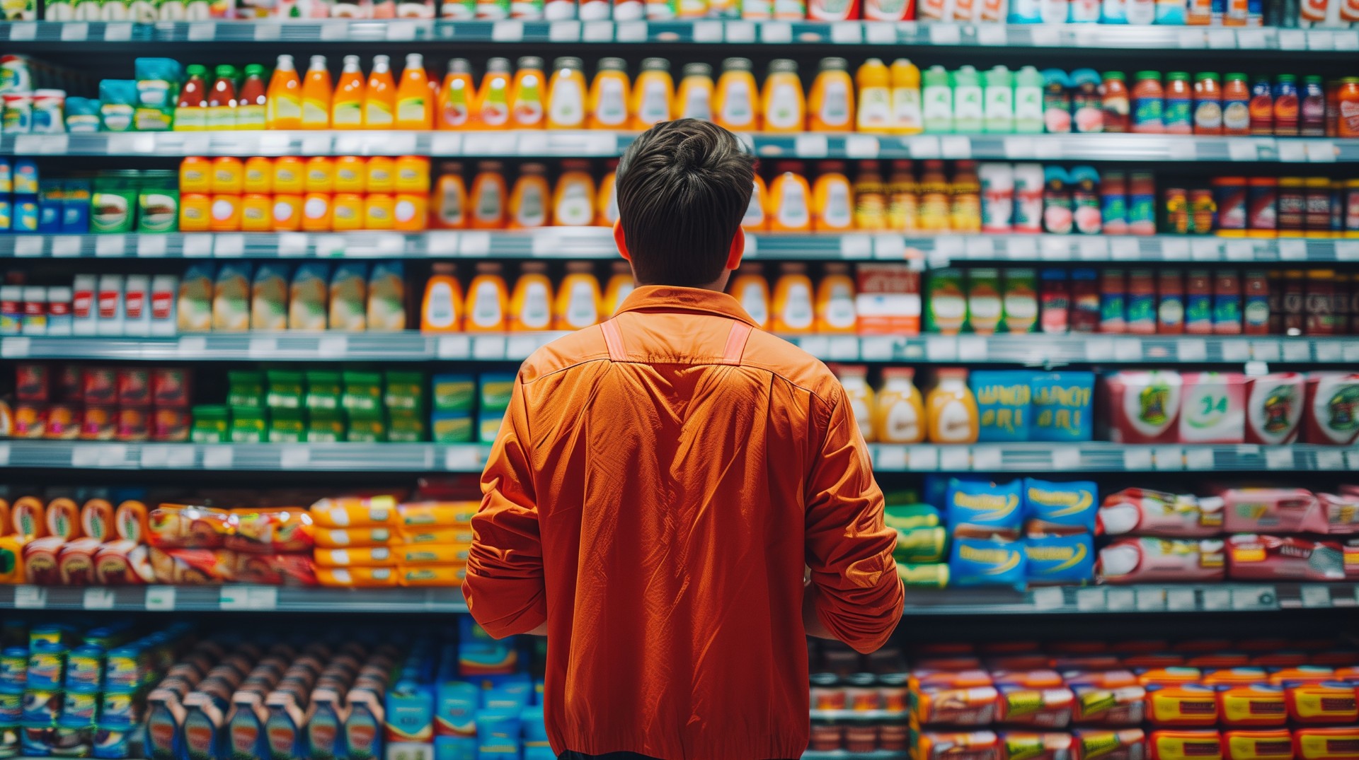 A man standing in a supermarket aisle, intently focused on the shelves. A moment of contemplation and decision-making. Concept of inflation crisis.