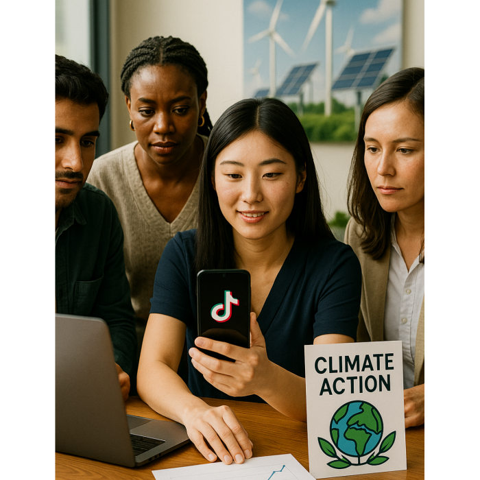 Students watching Tiktok with climate action card