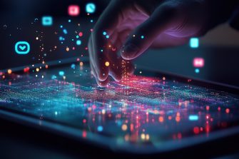 A digital marketing professional working on a tablet with floating icons representing social media and data visualization.