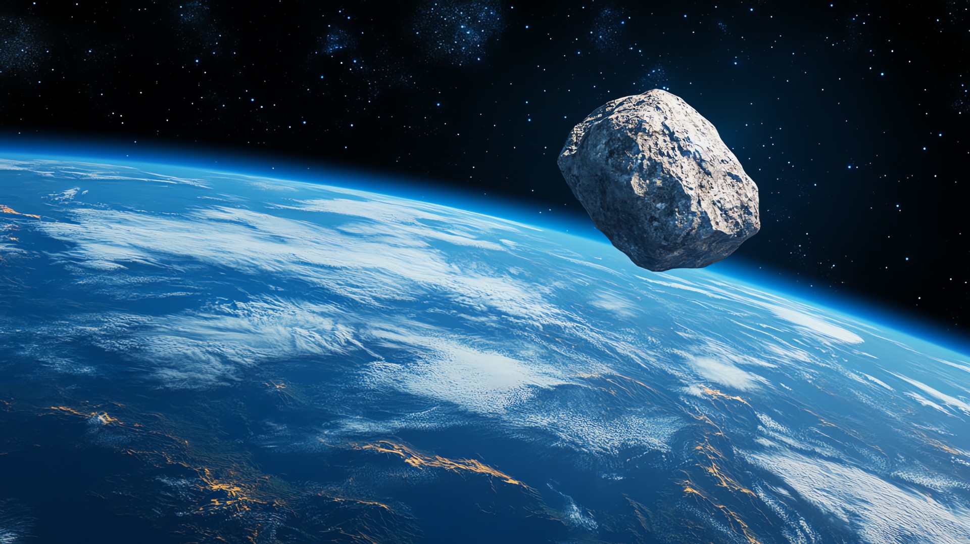 An asteroid in orbit above the Earth