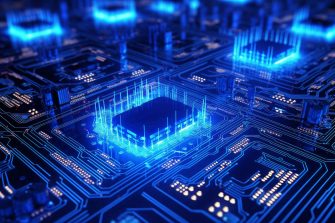 Computer generated imaged of lluminated computer circuit board adorned with captivating blue lights