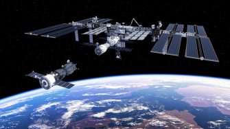 Spacecraft Docked To International Space Station. 3D Illustration.