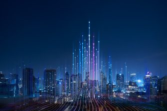 Smart city and abstract dot point connect with gradient line and aesthetic Intricate wave line design , big data connection technology concept .