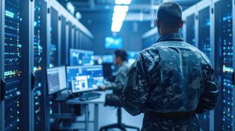 Military personnel in a high-tech server room monitoring data representing cyber security, defense intelligence, digital warfare, and national security infrastructure.
