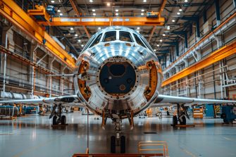 Aerospace engineering facility, spacecraft under construction, pushing boundaries of travel