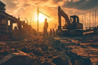 Heavy Machinery: Construction Workers Operating Excavators at a Building Site - A Symbol of Precision, Safety, and Progress in Construction