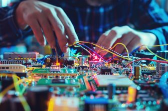 electrical engineer working on circuit board (close up, focus on, copy space) colorful wires and components, double exposure silhouette with circuitry --no blur, grunge, splash, dust