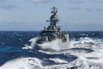 HMAS Anzac in rough seas off the east coast of Australia conducting fleet maritime exercises in the Eastern Australian Exercise Area. 