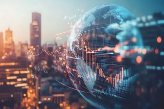 A digital globe overlay with financial graphs, set against a vibrant city skyline