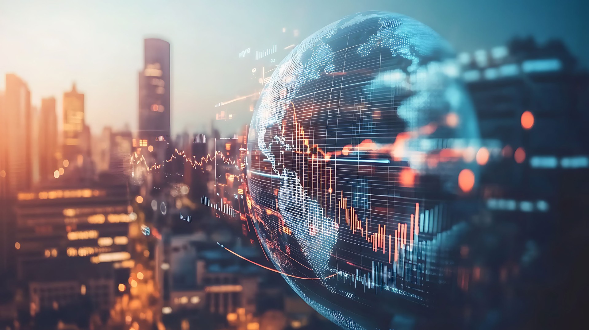 A digital globe overlay with financial graphs, set against a vibrant city skyline