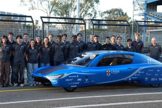 Group photo of the UNSW Sunswift Team with their Sunswift 8 racing car