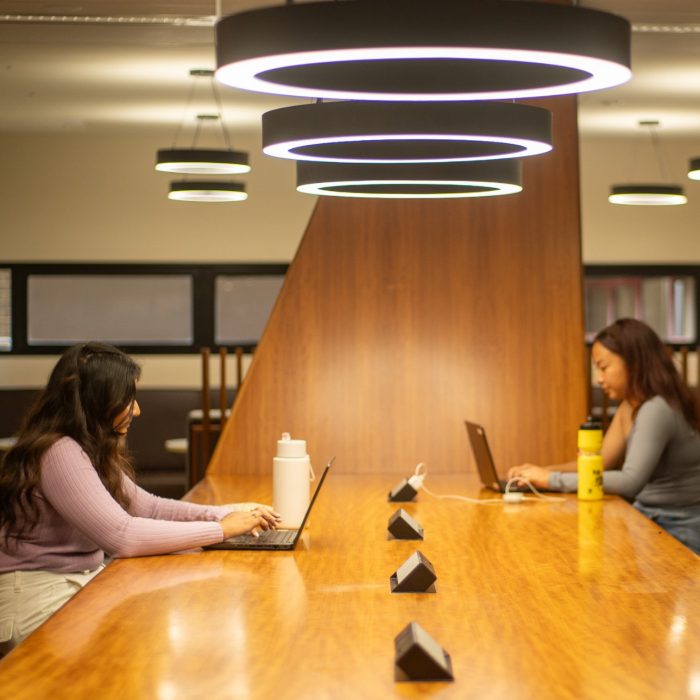 Students using their laptops at a shared desk in the library