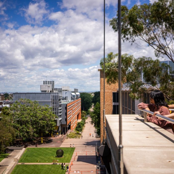 Three students rest on a railing of a building overlooking Globe Lawn and the main walkway, University Mall
