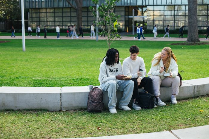 Students chatting and laughing while eating lunch on campus
