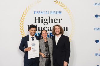 UNSW Economics Professors Isabella Dobrescu and Alberto Motta (centre) celebrate their win with collaborator from the School of Photovoltaic & Renewable Energy Engineering, Associate Professor Murad Tayebjee (left).