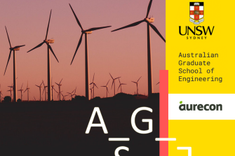 Graphic showing wind turbines with the UNSW logo on the right, "Australian Graduate School of Engineering" underneath.