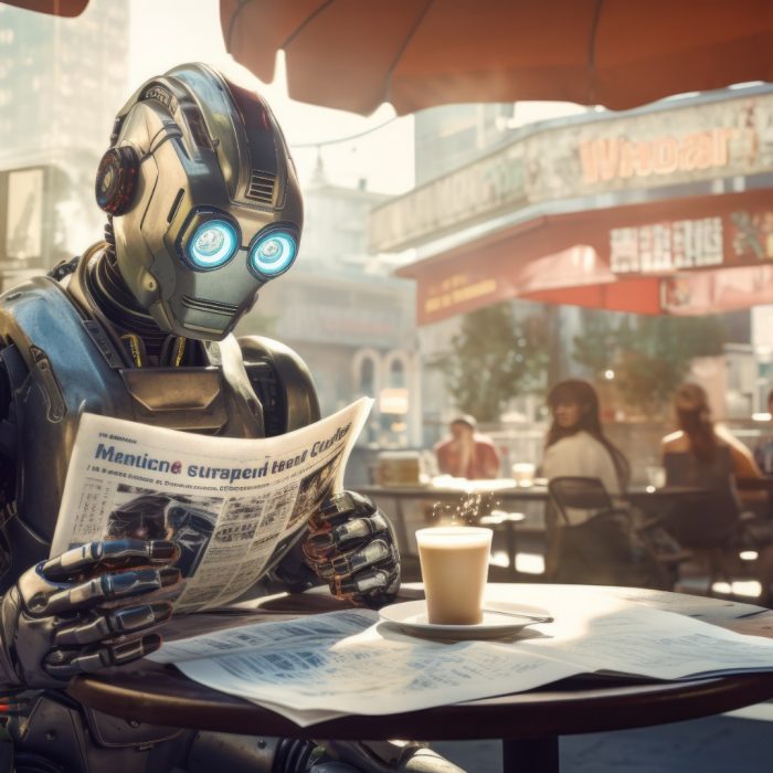 Photograph of a robot reading the newspaper at a cafe