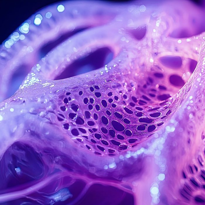 Ultra-realistic close-up of bioprinted cartilage tissue, precise cellular details, glowing futuristic medical lab 