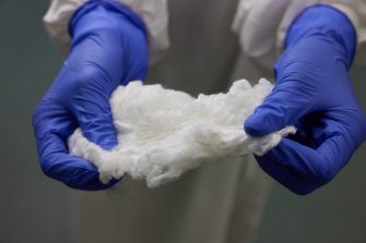 silk fluff in blue gloved hands