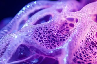 Ultra-realistic close-up of bioprinted cartilage tissue, precise cellular details, glowing futuristic medical lab 