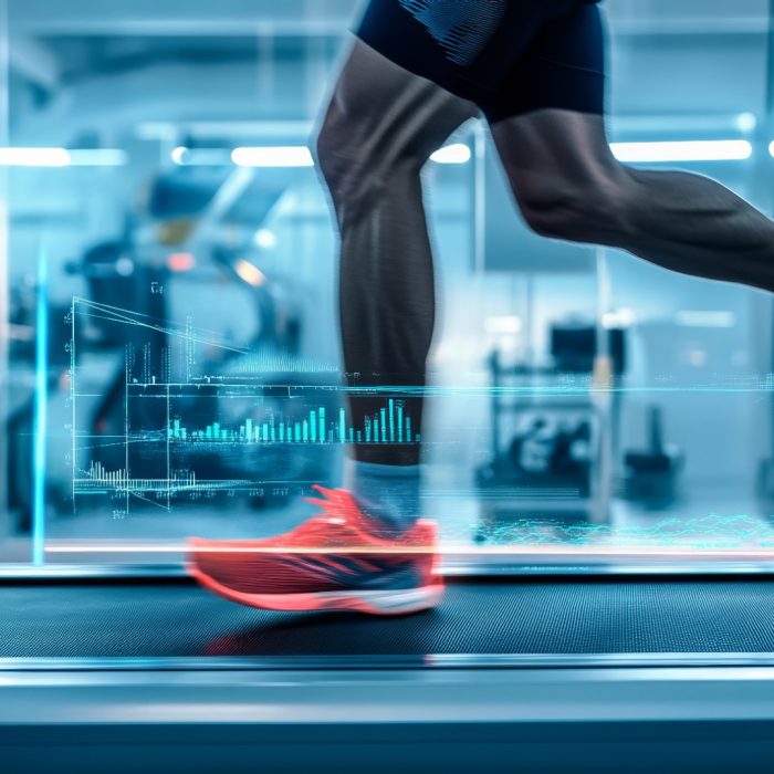 Runner on a treadmill with biomechanical analysis overlays showing stride length, foot strike, and energy expenditure in a lab environment.