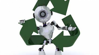 A white robot with a recycling symbol around them