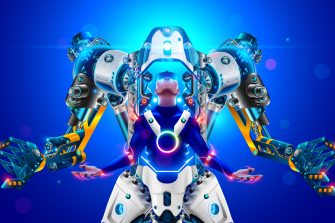 Sci-fi robotic exoskeleton armor with human operator inside. Big fiction mecha robot repeating the movements of a person. Man connection with humanoid armor through neurointerface. Large exo suit.