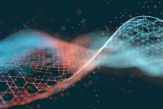 Abstract glowing particle wave on a dark background