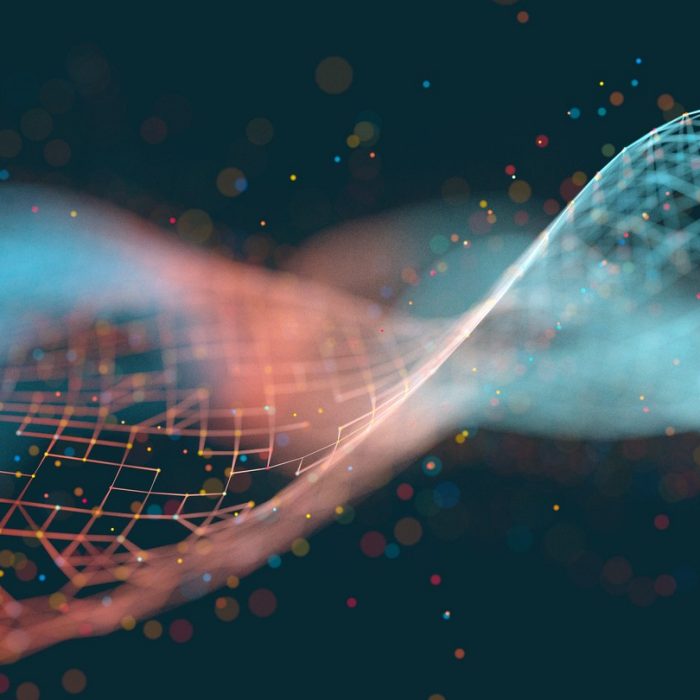 Abstract glowing particle wave on a dark background