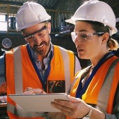 two engineers using a digital tablet together in an industrial place of work