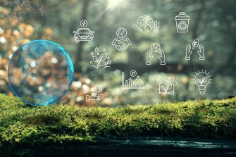 Earth Ecological Green Energy Icons Plexus Concept Moss in Forrest Background 3D Render