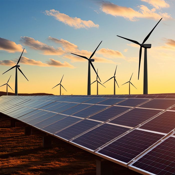 AI generated image of solar panels and wind turbines against a backdrop of a blue sky and clouds