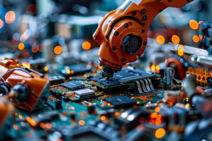Brightly lit close-up of a robot worker dismantling e-waste at a recycling plant, emphasizing the concept of sorting and sustainability