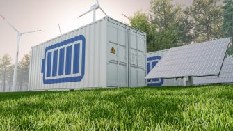Solar Panel, wind turbines and Li-ion Battery Container With Blue Sky Background.  Energy Storage System.
