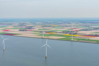 Aerial view of wind turbines on the coast in front of various colors of tulip flower field growing in The Noordoostpolder in Flevoland, The Netherlands. Each year during spring different areas in Holland are colored vividly by growing flower bulbs.