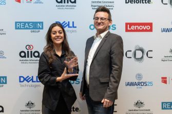 Diraq Chief Operating Officer Stefanie Tardo and Diraq founder Andrew Dzurak at the NSW iAwards.