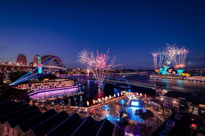 Fireworks over Sydney Harbour on the opening night of Vivid Sydney 2024, as seen from 88 George Street.<br />