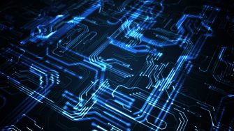 Quantum computing concept. Abstract glowing electronic circuit. 3D rendered illustration.